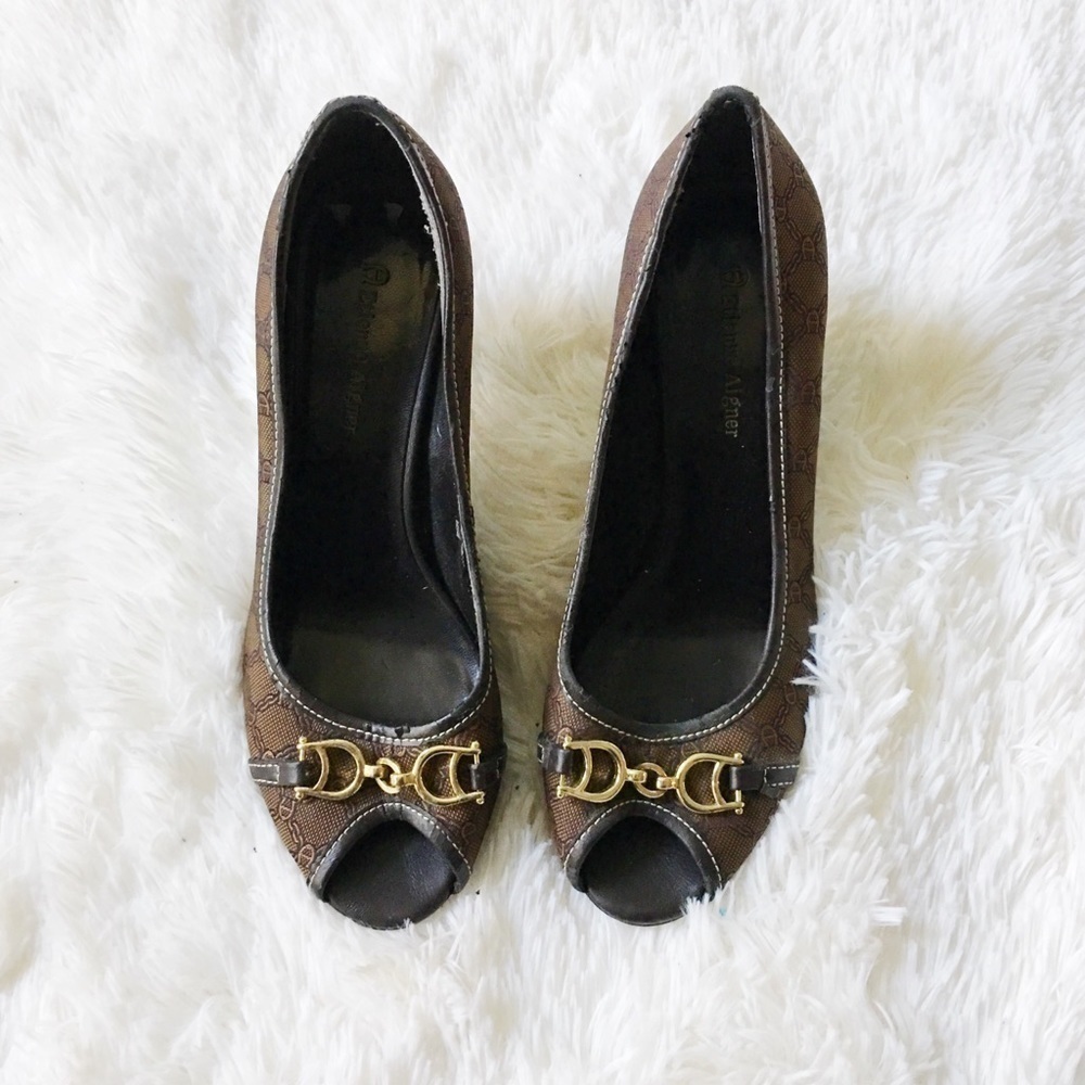 Etienne Aigner Brown Logo Print Peep Toe Heel 6.5